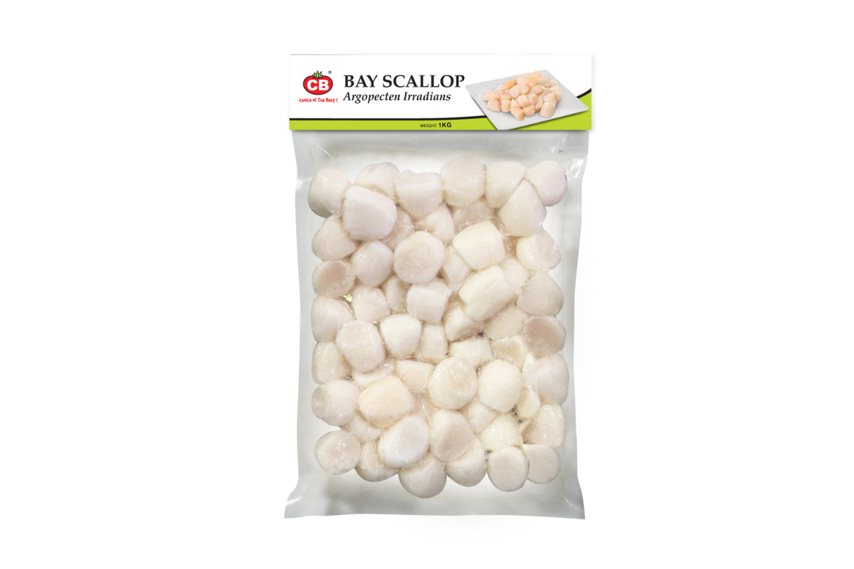 Packaged bay scallops with a visible CB brand label on a white background