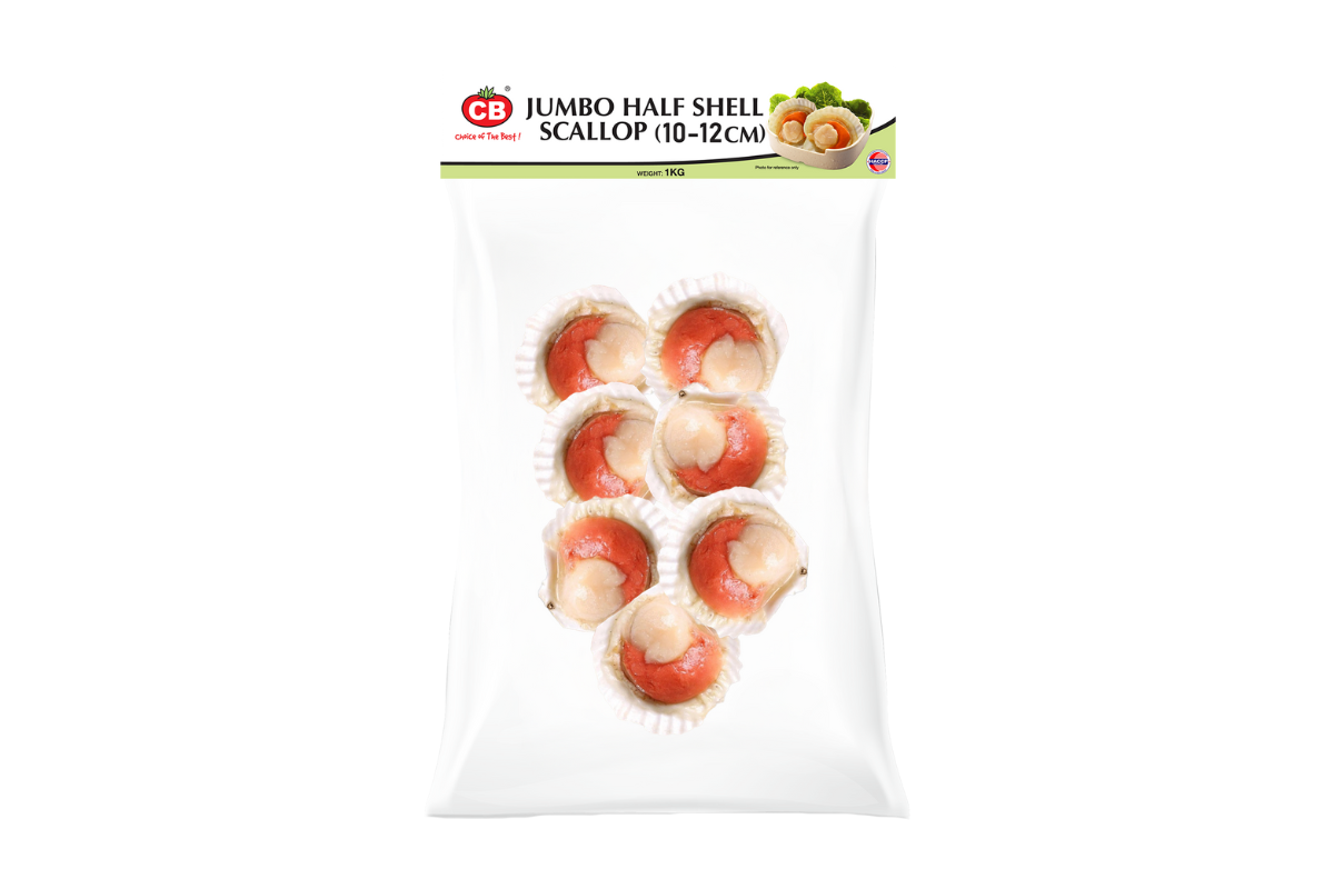 Packaged jumbo half shell scallops with a visible CB brand logo on a white background