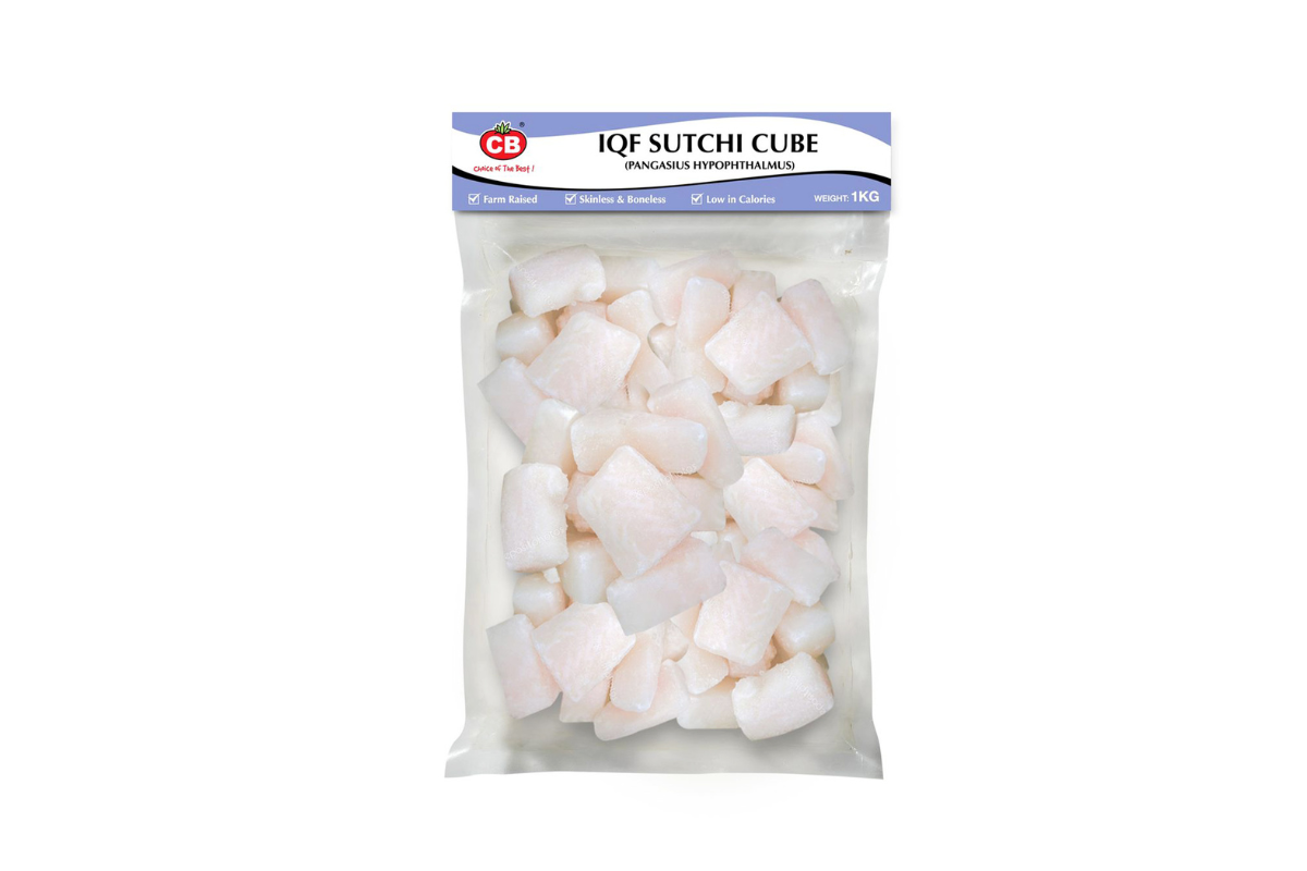 Packaged product labeled 'IQF Sutchi Cube' on a white background