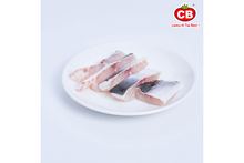 Raw fish fillets on a white plate with a visible brand CB logo on a light gray background
