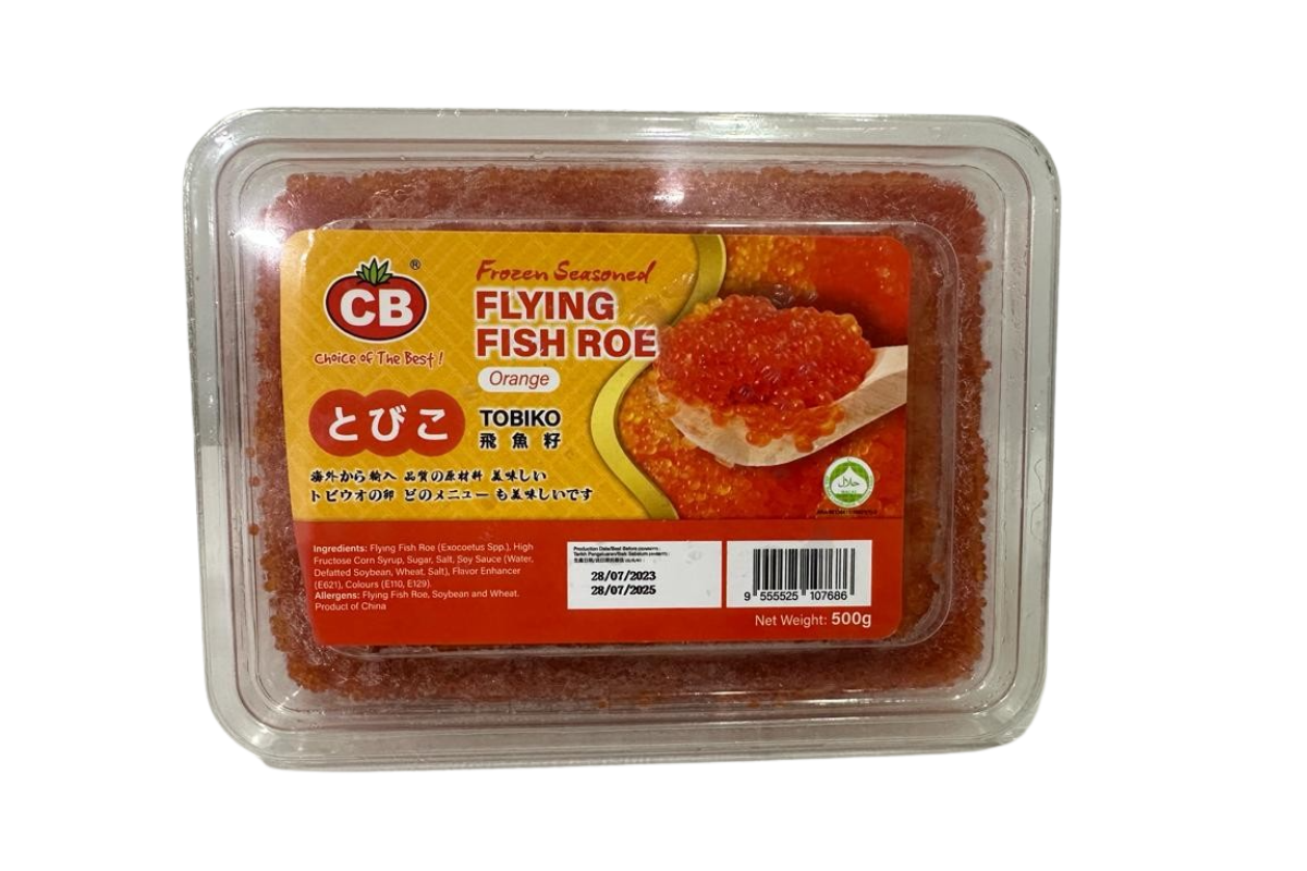 Packaged flying fish roe with a CB label on a white background