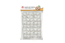 Packaged baby octopus with a visible CB brand label on a white background