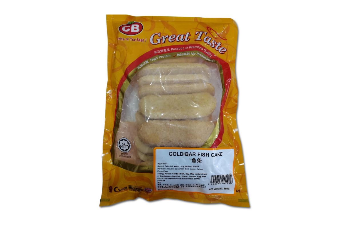 Packaged Gold Bar Fish Cake with yellow packaging on a white background