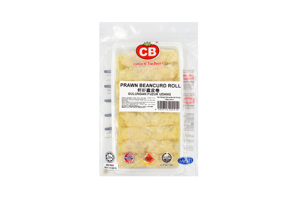 Packaged prawn bean curd roll with CB logo on a white background