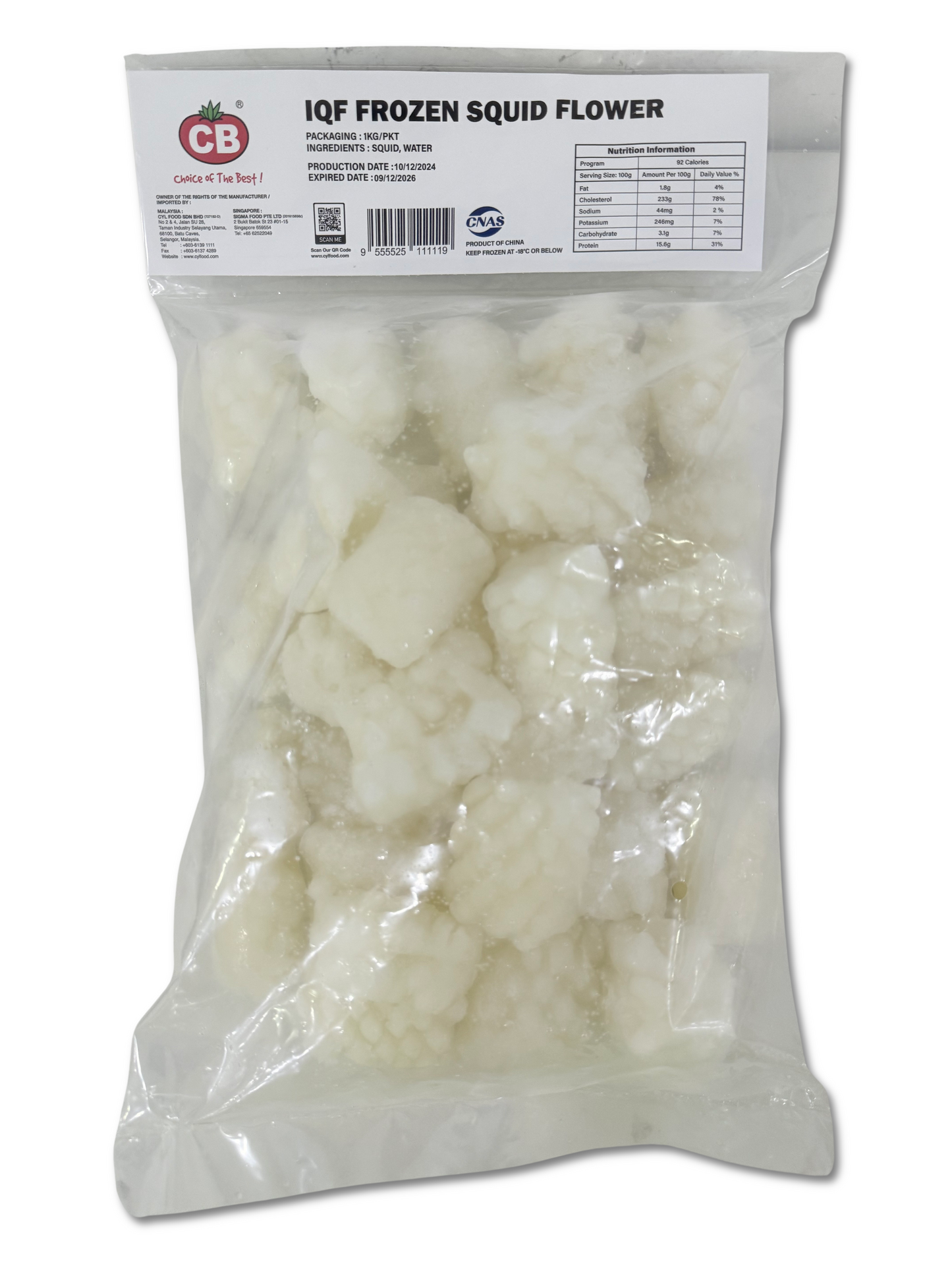 Bag of IQF frozen squid flower with a visible CB logo on a white background