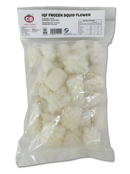 Bag of IQF frozen squid flower with a visible CB logo on a white background