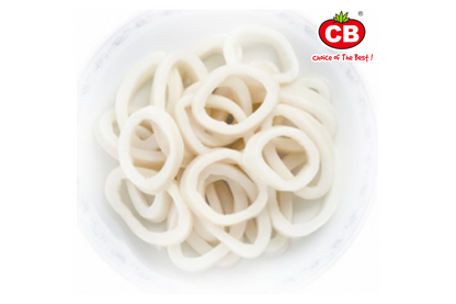 frozen squid ring in a bowl with CB brand logo on a white background