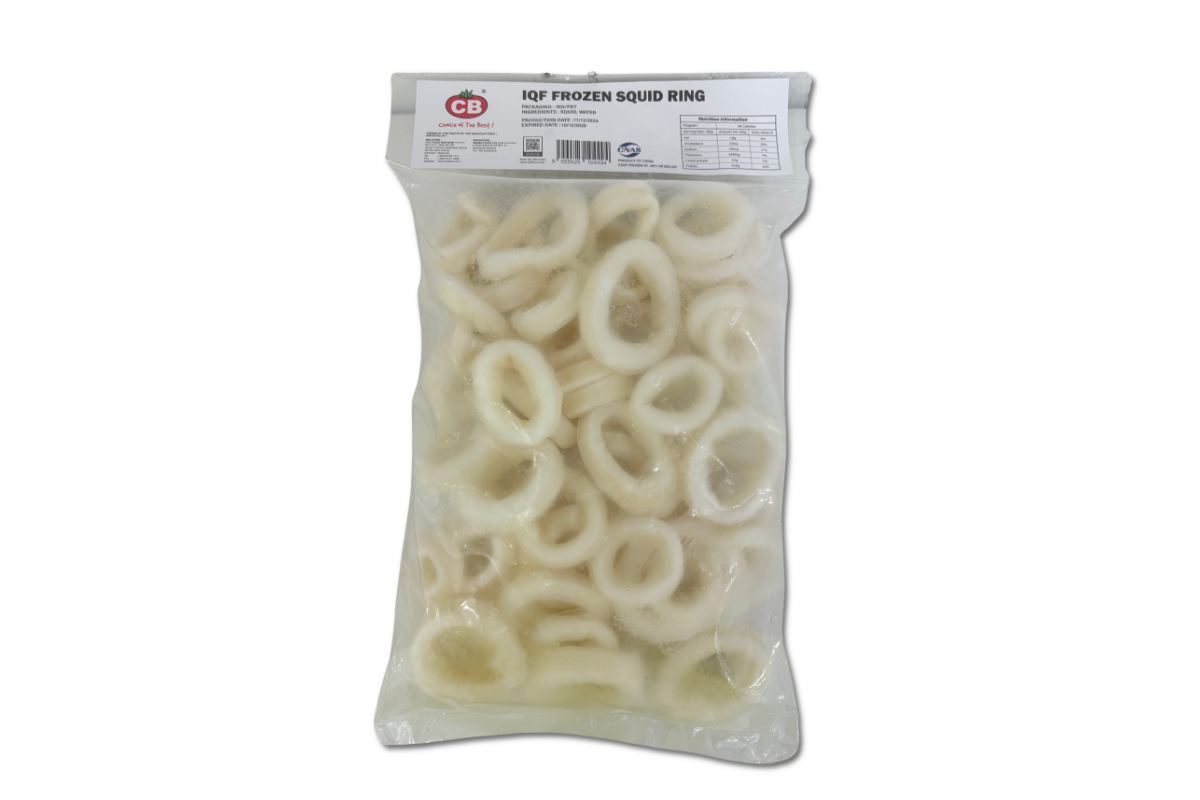 Bag of frozen squid rings with a visible CB logo on a white background