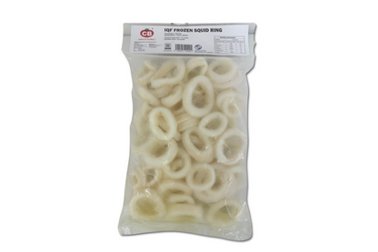 Bag of frozen squid rings with a visible CB logo on a white background