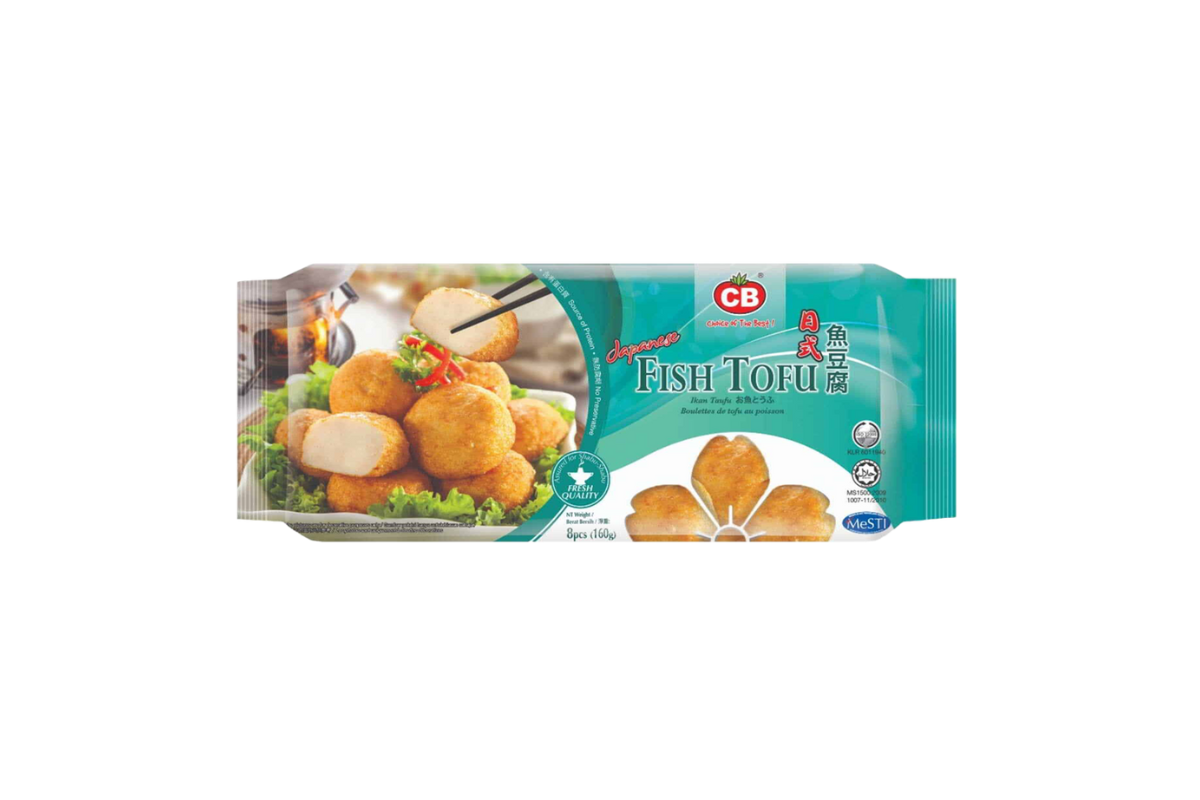 Packaged fish tofu with CB logo on a white background