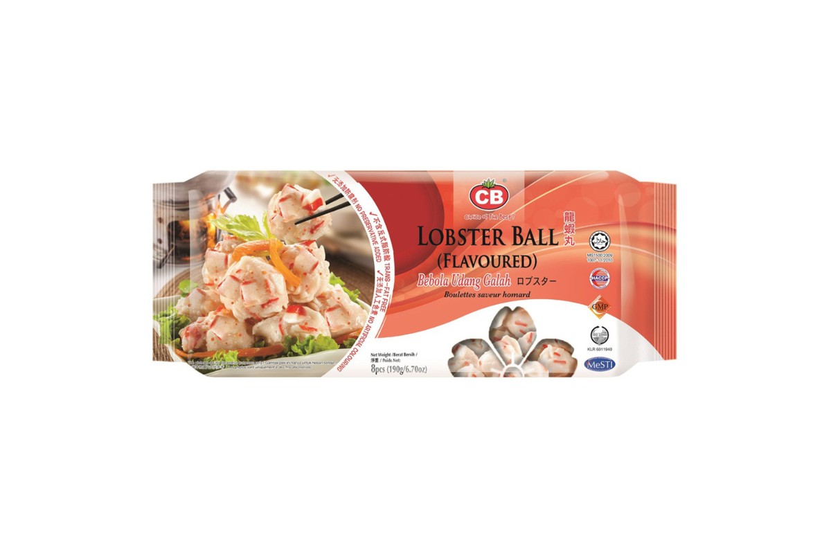 Packaged lobster balls with CB logo on a white background