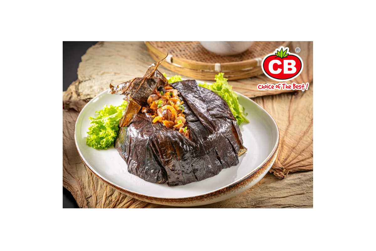 Lotus leaf rice on a white plate with a CB brand logo in the corner.