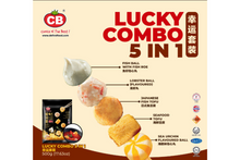 Advertisement for CB Lucky Combo 5 in 1 food product packaging with images of food items and text.