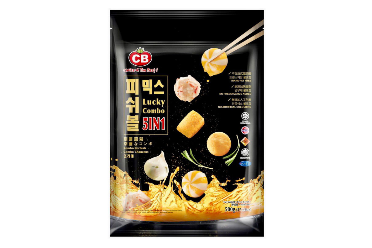 Packaged food product with CB logo and product images on a black background