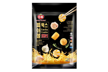 Packaged food product with CB logo and product images on a black background