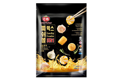 Packaged food product with CB logo and product images on a black background