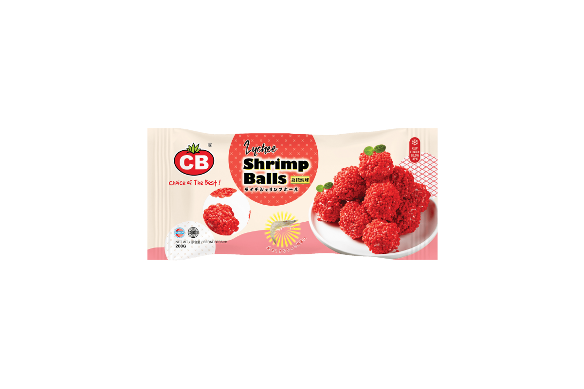 Packaging of CB brand shrimp balls on a white background