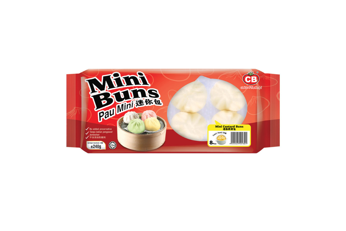 Packaged mini buns with CB logo on a white background