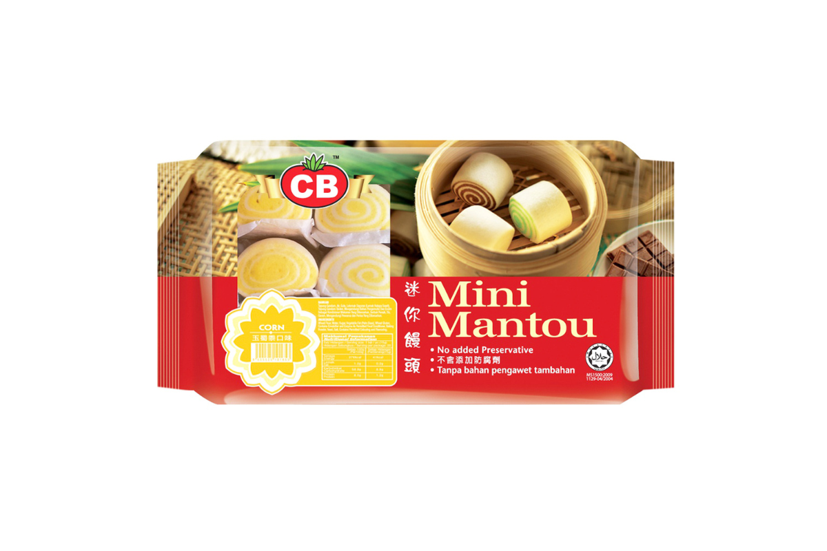 Packaging of Mini Mantou with CB logo on a white background