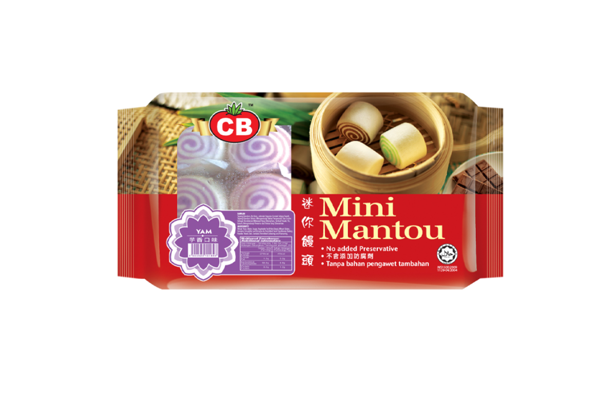 Packaged mini mantou with CB brand on a white background
