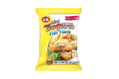 Tempura fish fillet with CB logo in a yellow packet.
