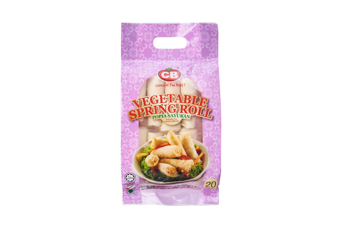 Packaged vegetable spring roll on a white background