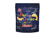 Dark blue packaging of 'Party Combo' with colorful text and graphics on a white background