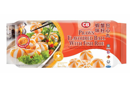 Packaging of prawn-flavored ball with fish roe, featuring the brand 'CB'.
