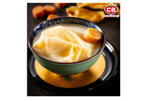 Bowl of fish maw soup in a dark bowl, featuring the CB brand logo.