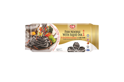 Packaged fish noodle with squid ink on a white background