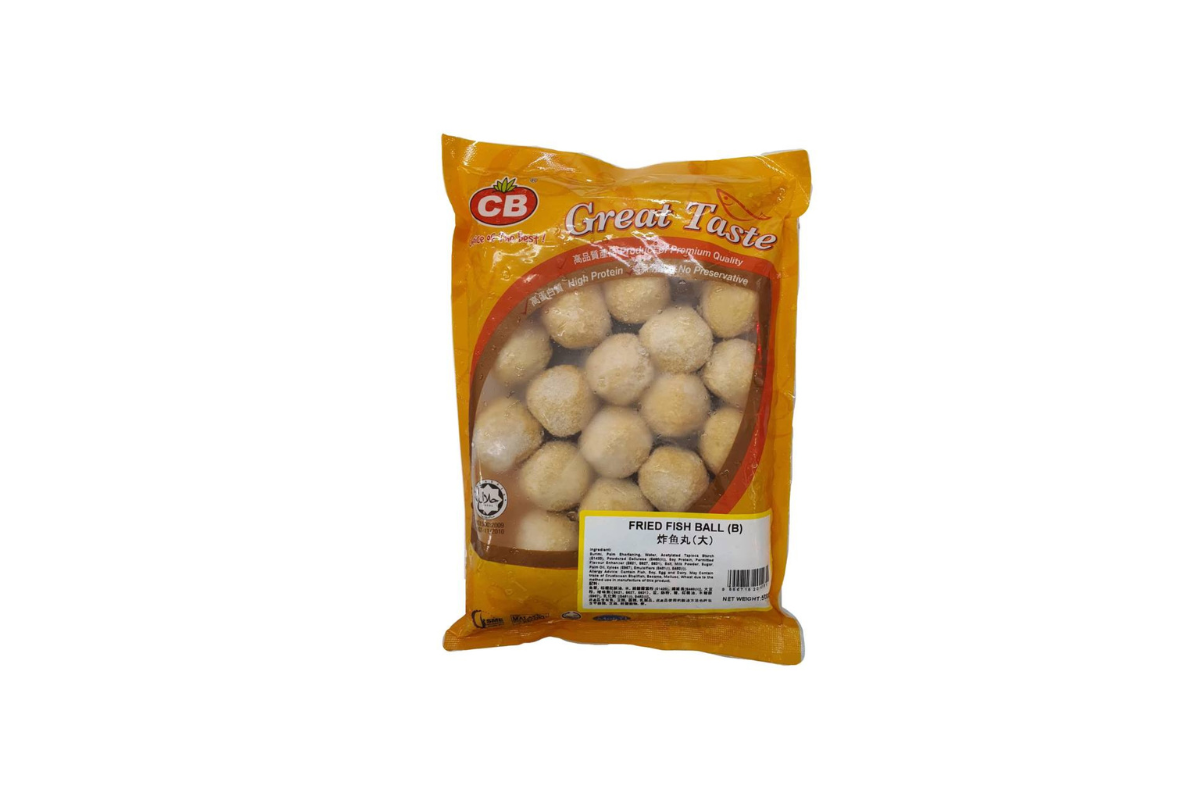 Packaged fried fish balls with a CB brand label on a white background