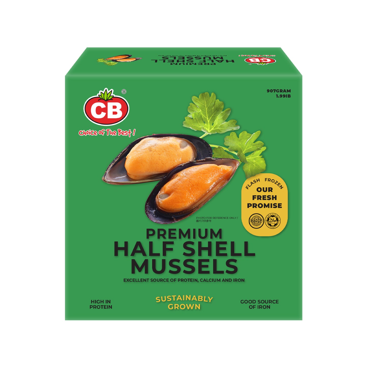 Box of CB Premium Half Shell Mussels on a white background