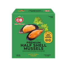 Box of CB Premium Half Shell Mussels on a white background