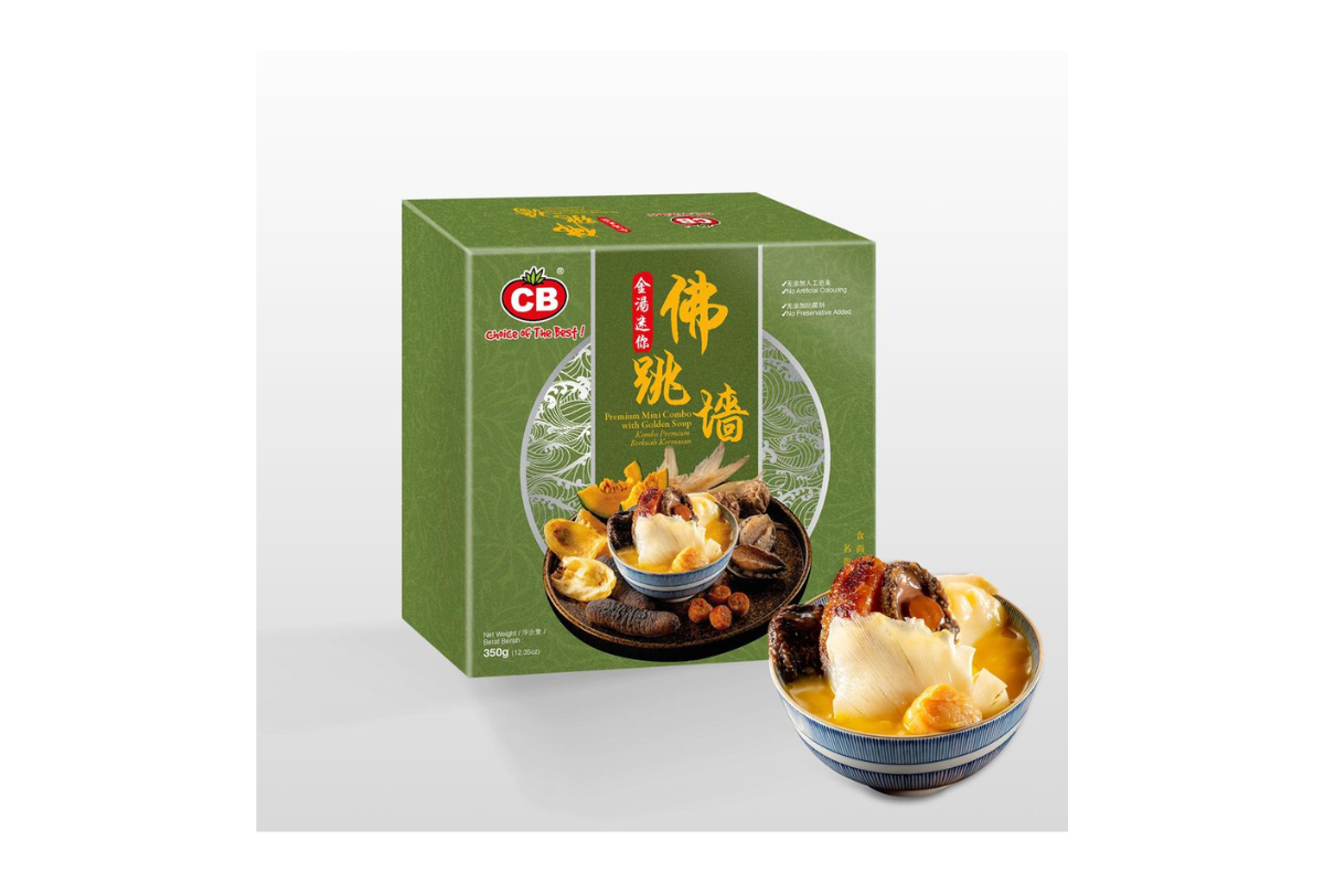 Green box with a bowl of soup on a white background