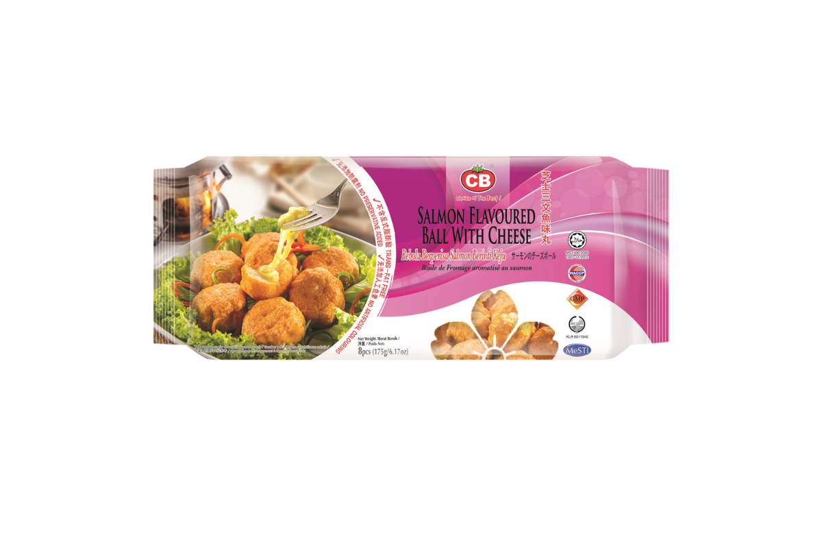 Packaged food product with salmon-flavored ball with cheese on a white background