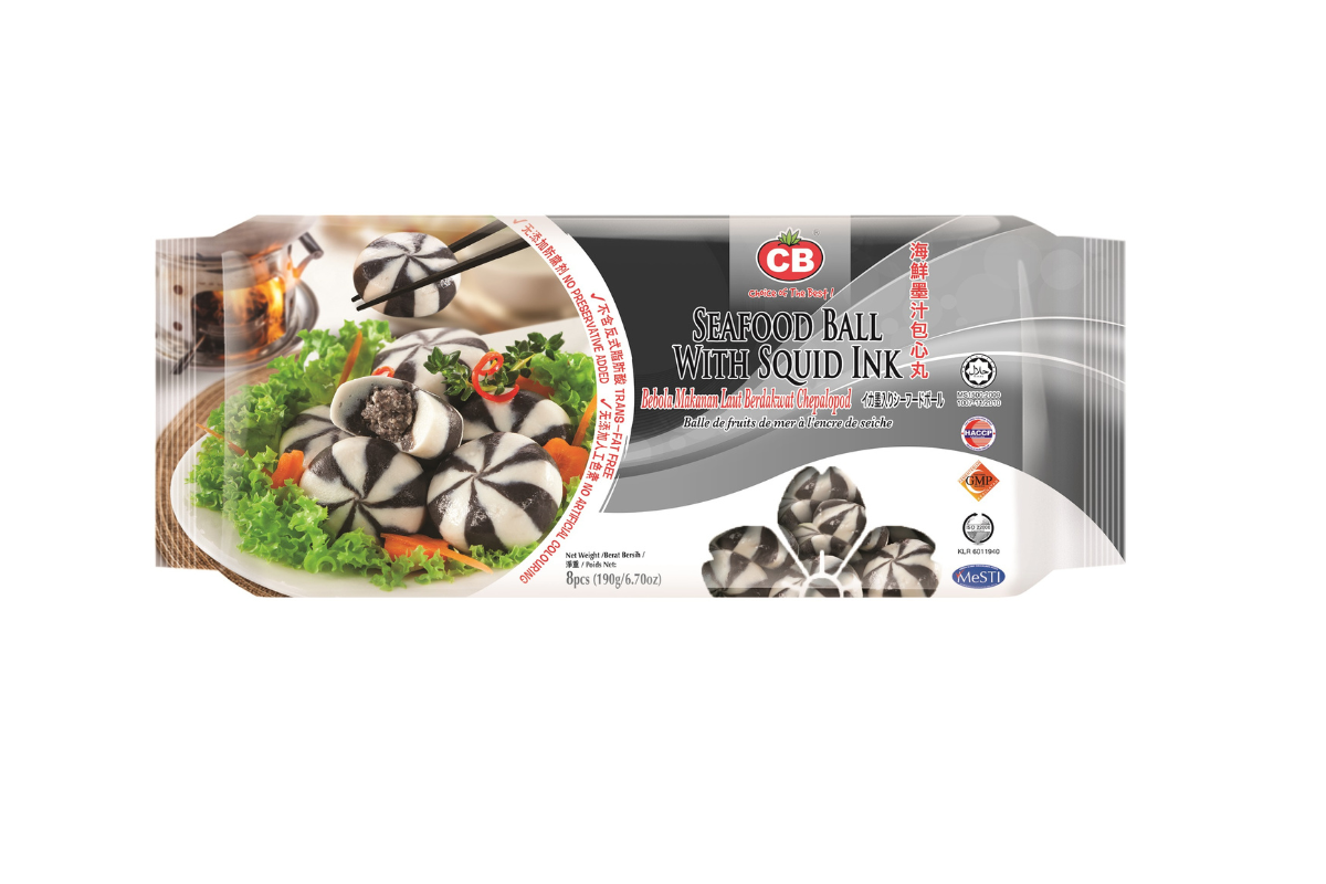Packaged seafood ball on a white background