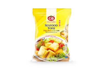 Packaged seafood tofu with CB brand logo on a white background