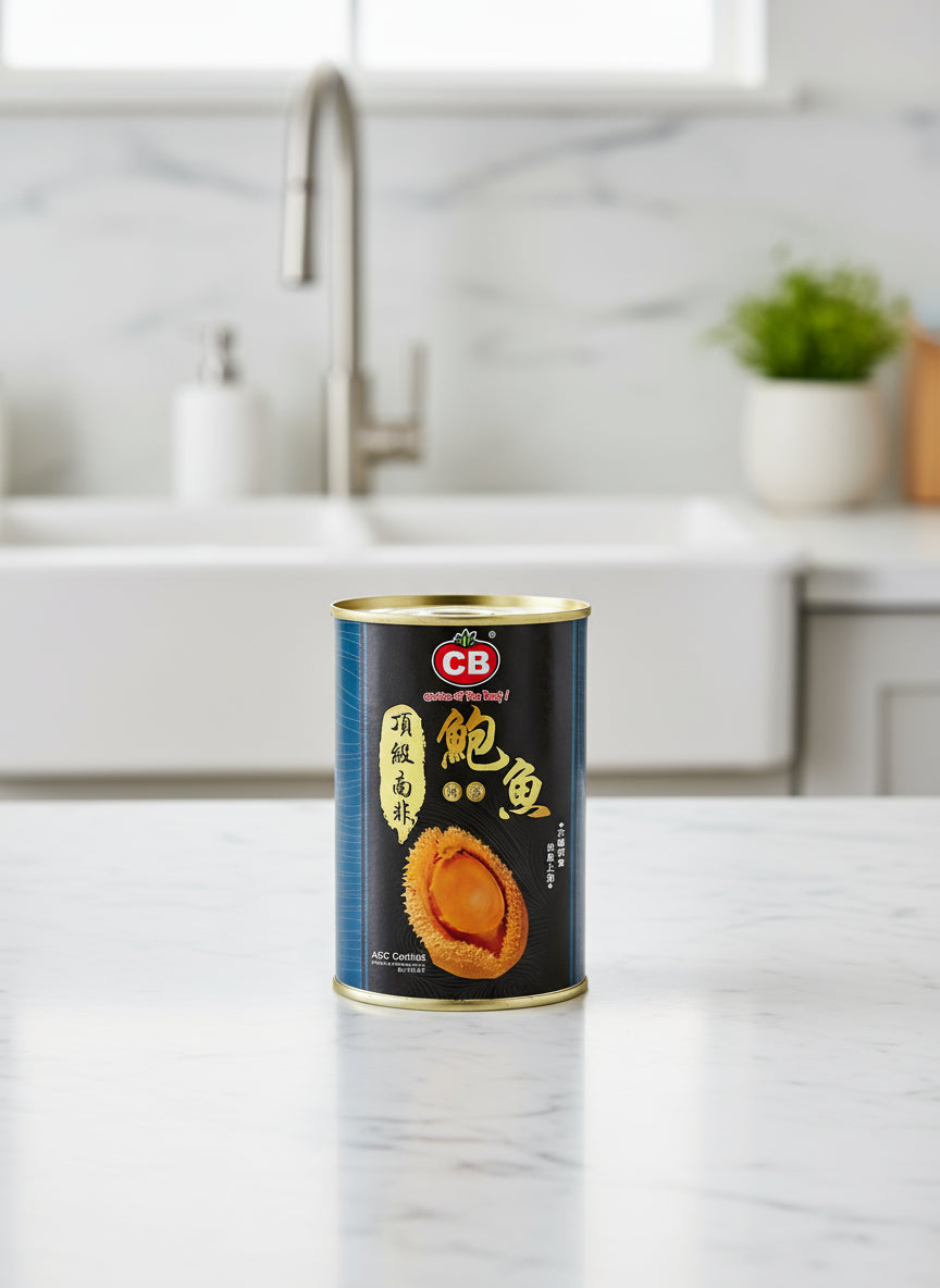 Can of abalone with CB brand logo on a white background