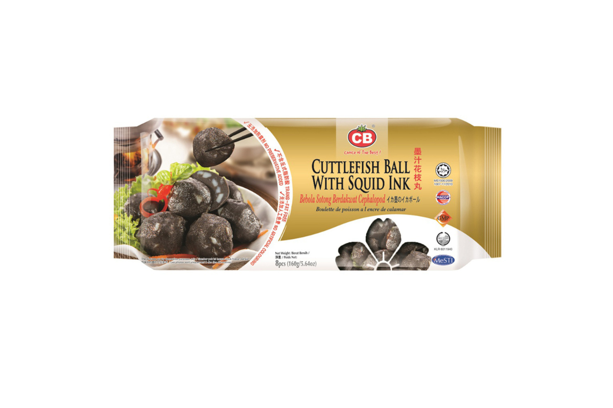 Packaged cuttlefish balls with squid ink on a white background