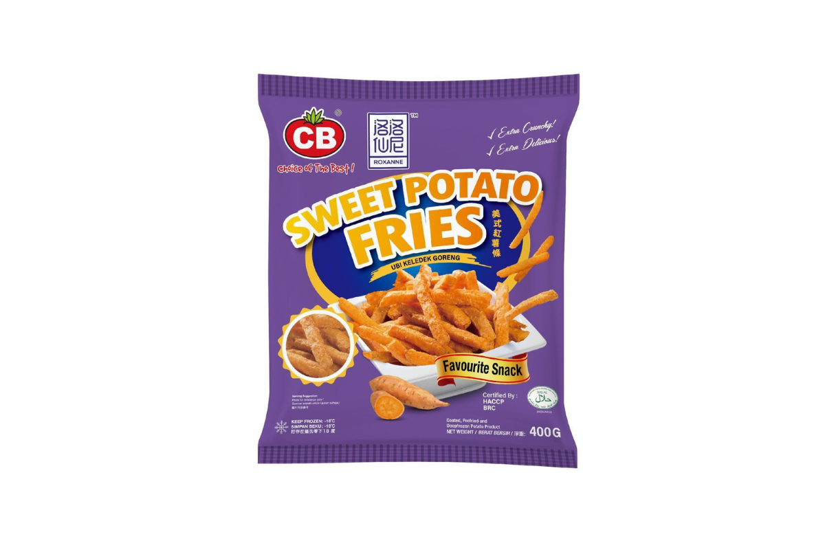 Sweet potato fries with CB logo in a purple packaging.