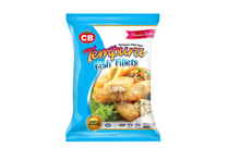 Tempura fish fillet with CB logo in a blue packet.