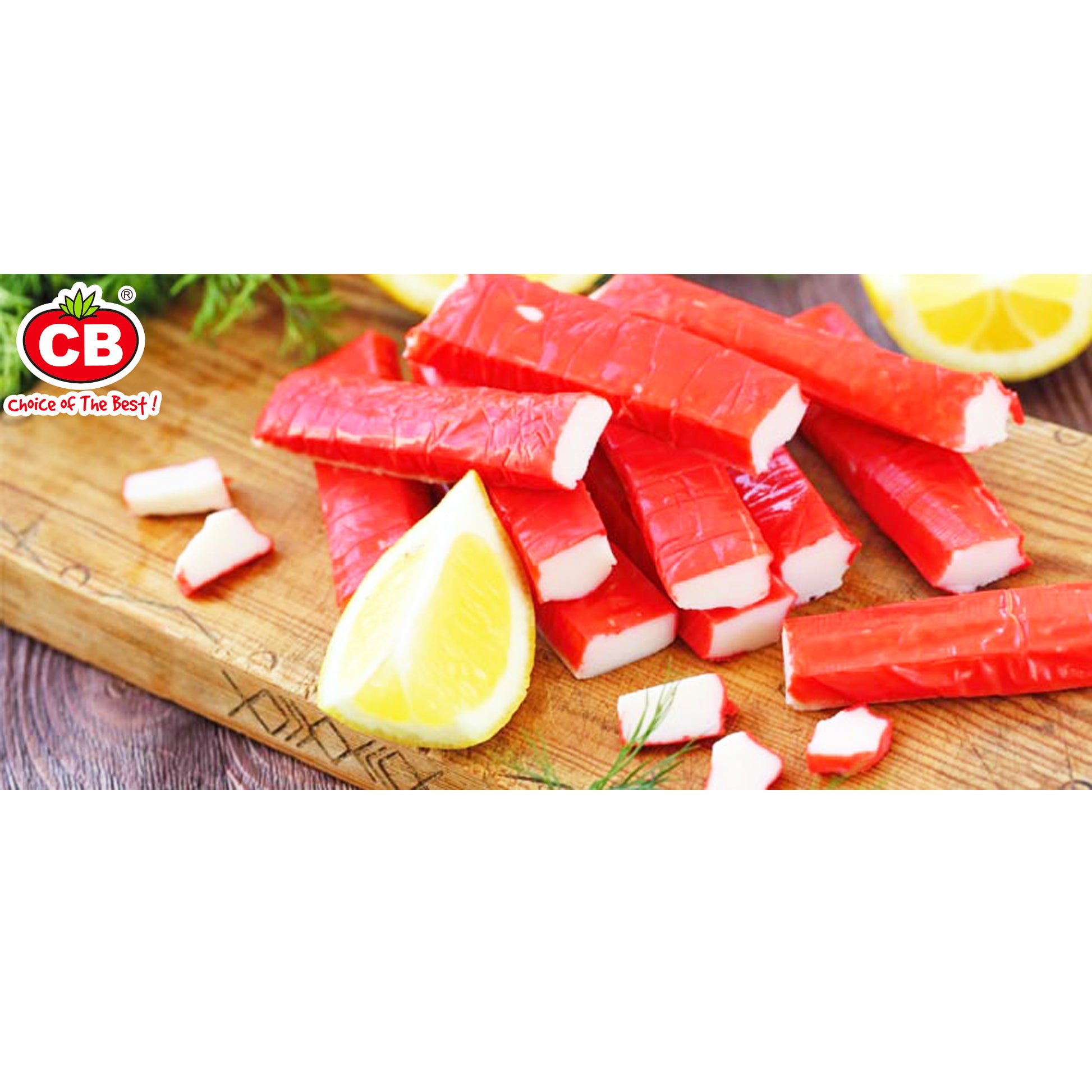 Crab sticks on a wooden board with lemon wedges, featuring the CB brand logo.
