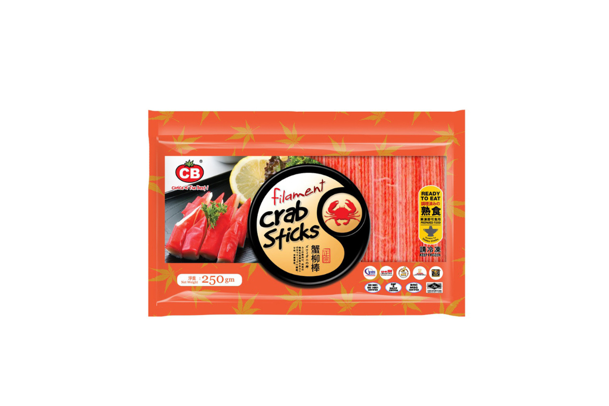 Packaged crab sticks with CB branding on a white background