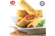 Spring rolls on a white plate with a brand logo in the corner