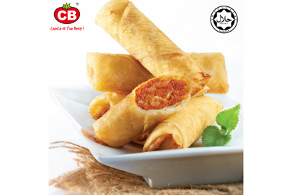 Spring rolls on a white plate with a brand logo in the corner
