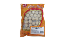Packaged white fish balls with CB logo on an orange packaging.