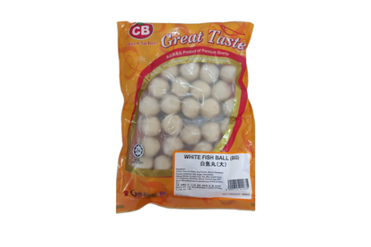 Packaged white fish balls with CB logo on an orange packaging.