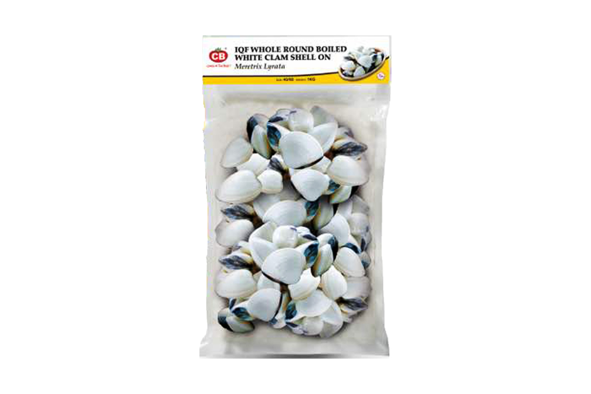 Package of white clams on a white background
