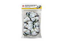 Package of white clams on a white background