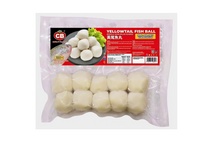 Packaged yellowtail fish balls with CB logo on a white background